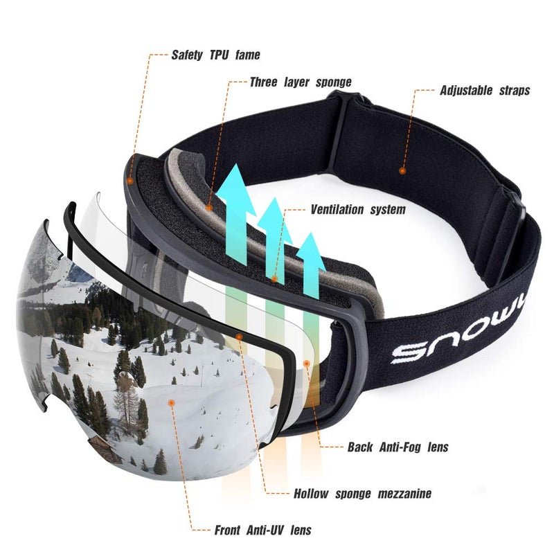 Snowledge Ski Snow Goggles for Men Women With UV Protection, Anti-Fog Dual Lens for Skiing Snowboarding - Image 2